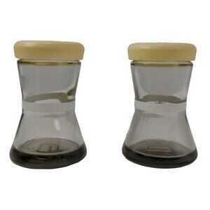 Vintage Smoky Clear Glass With White Stripes And Caps Salt And Pepper Shakers